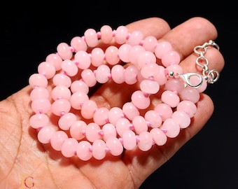 AAA+ Rose Quartz Gemstone Beaded Necklace, 18" Hand Knotted Smooth Rondelle Beads Handmade Necklace, 925 Sterling Silver Adjustable, 8MM