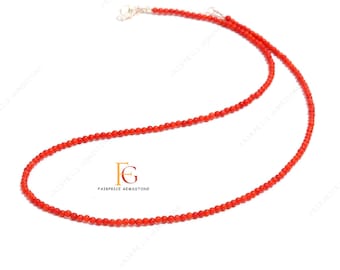 AAA+ Natural Taiwani Coral Smooth Round Gemstone Handmade Necklace, 925 Sterling Silver Claps, 2.40MM