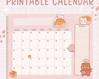May include: A printable calendar with a light pink grid background, featuring the text PRINTABLE CALENDAR at the top. The calendar includes a weekly layout, a notes section, and cute illustrations of a bear, bread, and pancakes.