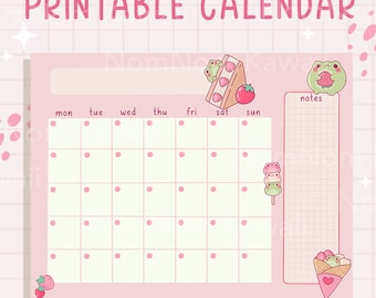Calendar Frog Strawberry Open Printable Calendar Cute Undated Calendar Cute Blank Calendar Digital Calendar Open Monthly Calendar Kawaii