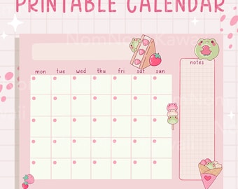 May include: A printable calendar featuring a light pink grid background with the text PRINTABLE CALENDAR at the top. The calendar includes a monthly grid, a notes section, and illustrations of small green frogs, strawberries, and desserts.