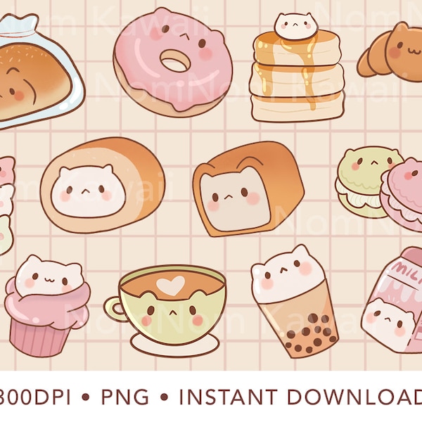 Sweet Bakery Clipart, Kawaii Cat Food Clipart Cat Food PNG Cute Kawaii Printable Cat Bakery Clipart Set Commercial Use PNG Croissant Bread