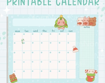 May include: A light blue printable calendar with a grid layout, featuring the text PRINTABLE CALENDAR at the top. The design includes cute illustrations of small animals, a Christmas tree, a candy cane, a Santa hat, and a stocking.