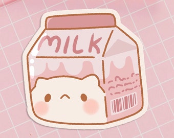 Strawberry Cat Sticker Kawaii Milk Sticker Cute Milk Carton Sticker Kawaii Waterproof Vinyl Sticker Strawberry Aesthetic Gift for Cat Lovers