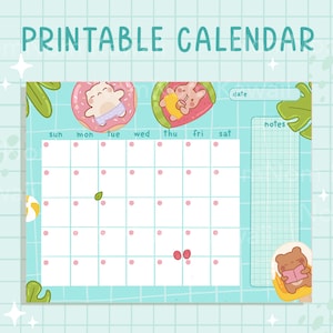 Könnte beinhalten: Ein druckbarer Kalender mit hellblauem Gitterhintergrund und Zeichentricktieren auf Schwimmreifen, darunter eine Katze auf einem Donut und ein Hase auf einer Wassermelone. Er enthält ein Notizfeld, ein Datumsfeld und einen Bären auf einem Eis.