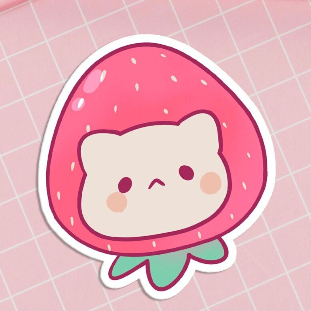 Strawberry Cat Sticker Kawaii Cat Sticker Cute Cat Sticker Kawaii Waterproof Vinyl Sticker