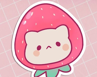 Strawberry Cat Sticker Kawaii Cat Sticker Cute Cat Sticker Kawaii Waterproof Vinyl Sticker Strawberry Aesthetic Gift for Cat Lovers Pink