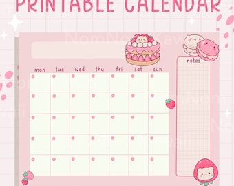 Calendar Cat Strawberry Open Printable Calendar Cute Undated Calendar Cute Blank Calendar Digital Calendar Open Monthly Calendar Kawaii Cute