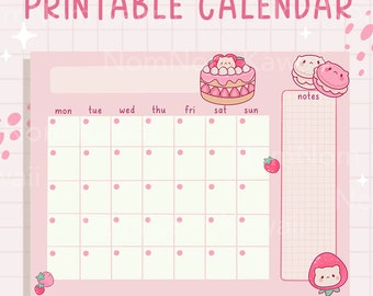 Calendar Cat Strawberry Open Printable Calendar Cute Undated Calendar Cute Blank Calendar Digital Calendar Open Monthly Calendar Kawaii Cute