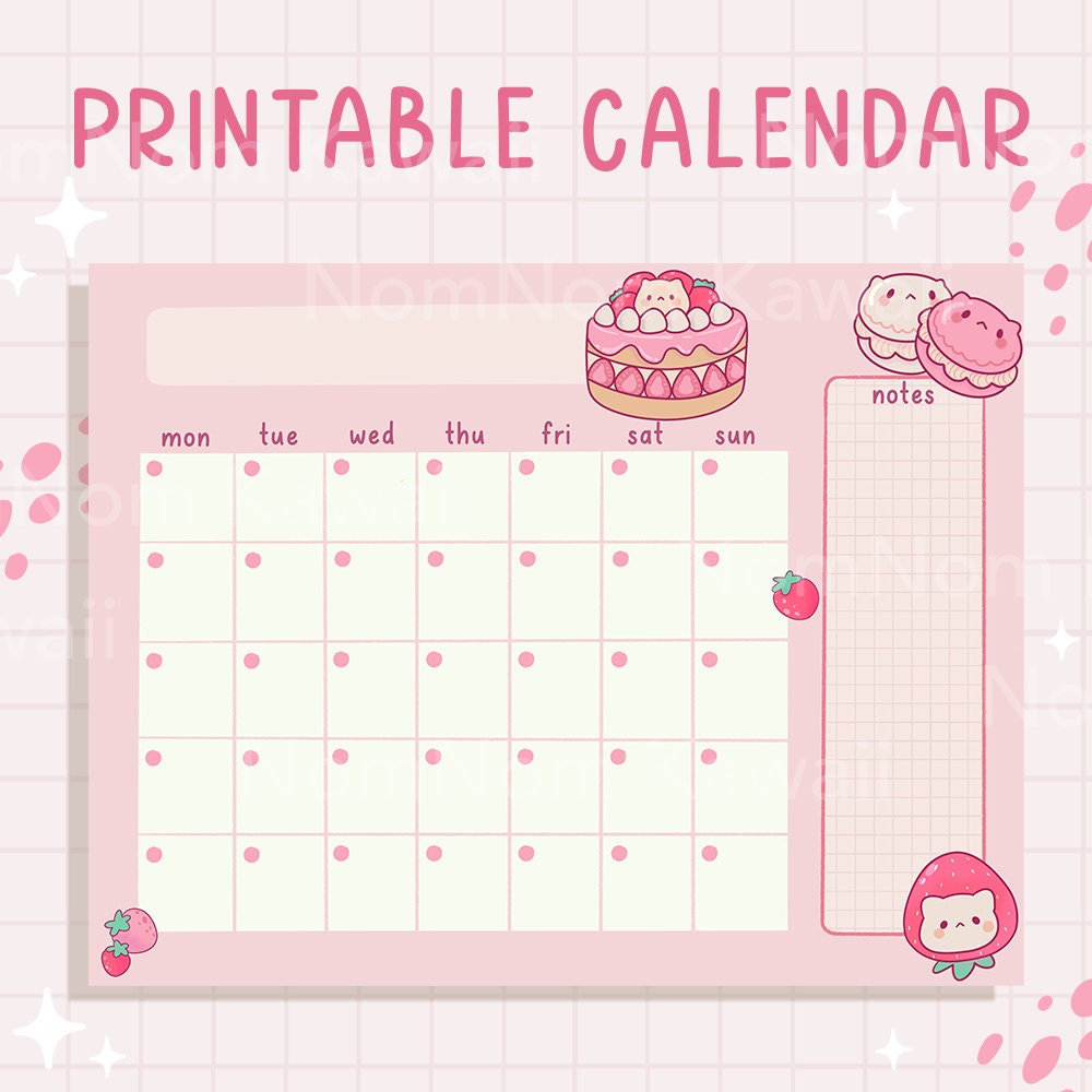 calendar-cat-strawberry-open-printable-calendar-cute-undated-calendar-cute-blank-calendar-digital-calendar-open-monthly-calendar-kawaii-cute-etsy