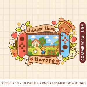 Puede incluir: Una ilustración digital de una consola de juegos portátil con un mando izquierdo rojo y uno derecho azul. Una pancarta arriba y abajo dice 'cheaper than therapy'. Un oso pardo con sombrero de paja está sentado a la derecha. Flores, una planta en maceta y una regadera rodean la consola. La pantalla muestra una escena de granja con una casa, un personaje y un pollo.
