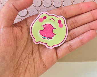 Strawberry Frog Sticker Cute Frog Sticker Kawaii Waterproof Vinyl Sticker Strawberry Aesthetic Gift for Frog Lovers Pink