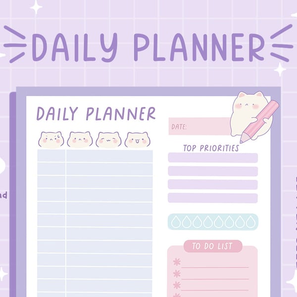Purple Daily Planner Printable Daily Planner Kawaii Cat Daily Planner Kawaii Daily Planner Pastel Daily Planner Printable Hourly Undated