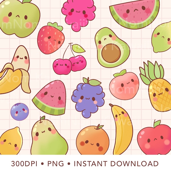 Cute fruit Kawaii Fruit Clipart Strawberry Blueberry Apple Banana Pineapple Grapes Peach PNG Clipart Avocado Watermelon Instant Download