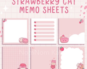 Strawberry Cat Memo Sheets Printable Memo Sheets  Digital Download Cute Pink Memo Pad Printable Stawberry Kitty Pink Printable Stationery