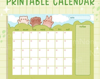 May include: A printable calendar featuring the text PRINTABLE CALENDAR at the top. The design includes a grid for days of the week, a notes section, and a blue sky background with green bushes and three small cartoon animals in pastel colors.