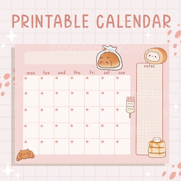 Calendar Cat Bakery Open Printable Calendar Cute Undated Calendar Cute Blank Calendar Digital Calendar Open Monthly Calendar Kawaii Cute