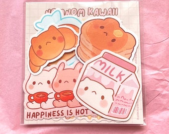 Waterproof Vinyl Cafe Stickers, Cute Bakery Stickers, Kawaii Bakery Stickers, Cat Bakery, Kawaii Cat Stickers, Cat Croissant, Cat loaf,