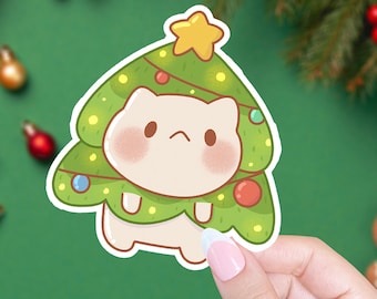 Christmas Cat Kawaii Christmas Tree Cute Christmas Cat Kawaii Christmas Sticker Green Cute Waterproof Christmas Sticker Kawaii Xmas Tree