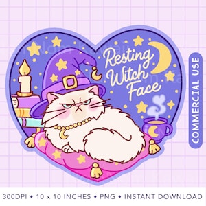 May include: A heart-shaped sticker design featuring a fluffy white cat wearing a purple witch hat, sitting on a pink pillow. The cat has a grumpy expression. The text reads Resting Witch Face. Includes a candle, books, and a mug with a crescent moon.