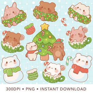 May include: A digital illustration set featuring various cartoon animals including bears and cats in Christmas-themed settings, such as sitting in mugs, wearing scarves, and decorating a tree, with candy canes and stockings on a light blue background.
