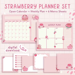 Strawberry Undated Monthly Calendar Strawberry Weekly Plan Strawberry Memo Sheets Cute Strawberry Cat Stationery Digital Download Cute Pink