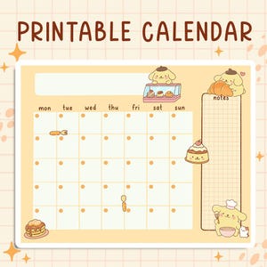May include: A printable calendar with a light yellow background and a grid layout. The text PRINTABLE CALENDAR appears at the top. It features illustrations of a yellow dog character, pastries, a cake, and a fork. A notes section is on the right.