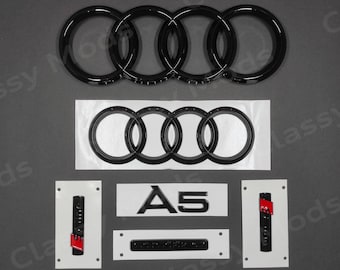 Audi A5 COUPE Quattro S-Line Front & Rear Rings Emblem Badge SET Gloss Black 2008-2019