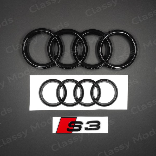Audi S3 Front & Rear Rings Emblem Badge SET Gloss Black 2012-2020