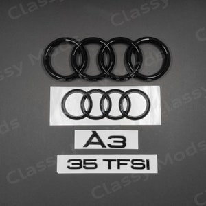 Audi A3 8V 35TFSI - Juego de emblemas y anillos delanteros y traseros (negro brillante, 2016-2020)