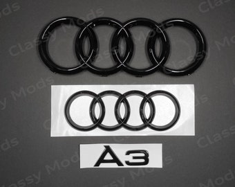 Audi A3 Front & Rear Rings Emblem Badge SET Gloss Black 2012+
