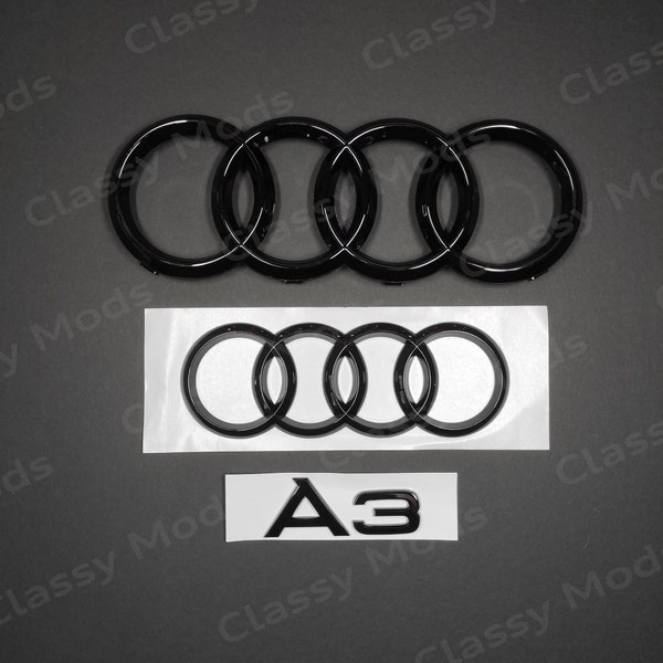 Audi A3 Front & Hinten Ringe Emblem Badge SET Schwarz glänzend 2012-2020