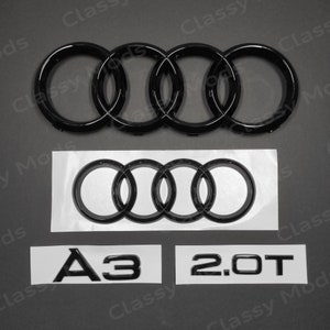 Juego de emblemas y anillos delanteros y traseros para Audi A3 2.0T (negro brillante, años 2012 a 2020)