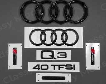 Audi Q3 40TFSI Quattro S-Line 2018+ Front & Rear Rings Emblem Badge SET Gloss Black