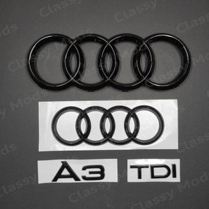 Conjunto de emblemas y anillos delanteros y traseros para Audi A3 TDI, negro brillante (2012-2020)