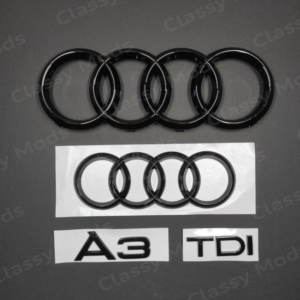 Audi A3 TDI Front & Rear Rings Emblem Badge SET Gloss Black 2012-2020