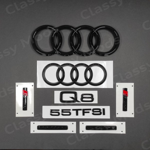 Audi Q8 55TFSI Quattro S-Line avant et arrière anneaux emblème Badge SET noir brillant