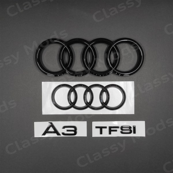 Audi A3 TFSI Front & Rear Rings Emblem Badge SET Gloss Black 2012-2020