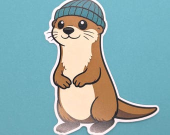 Otter-Vinylaufkleber | Wasserfester Tieraufkleber, Kuschelmütze, Geschenkidee für Fluss- und Wildtierliebhaber