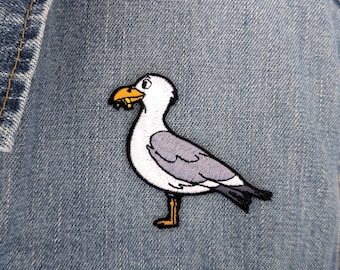 Aufnäher mit Möwe zum Aufbügeln | Gestickter Vogel, Webaccessoire, Stolen Chip, 60 mm breit