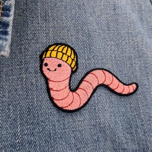 Worm Iron On Patch | Embroidered Animal, Woven Clothes Accessory, Yellow Beanie, 60mm