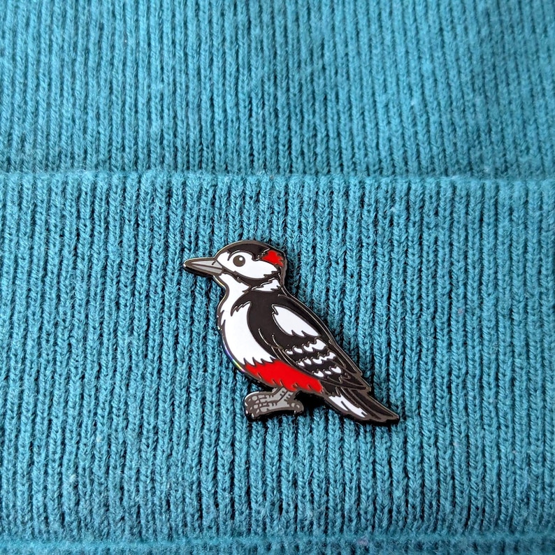 A black, white, and red woodpecker enamel pin with a rainbow tail feather detail, pinned to a teal knit beanie.