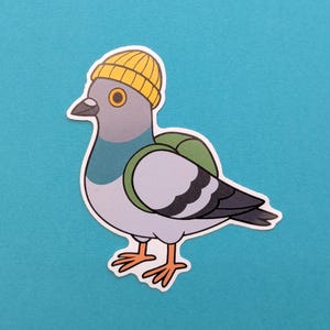 Sticker pigeon amusant avec bonnet – vinyle découpé | Mat | Résistant aux intempéries, imperméable, forme personnalisée | 8 cm de haut x 7 cm de large