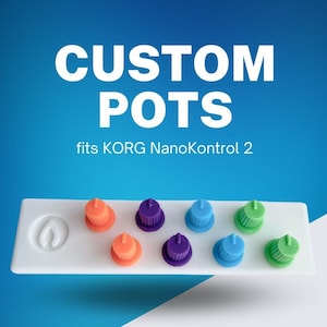 May include: A white rectangular base with eight colorful knobs in orange, purple, blue, and green, designed for the KORG NanoKontrol 2. The text CUSTOM POTS fits KORG NanoKontrol 2 is displayed above the knobs, and a flame logo is on the left.