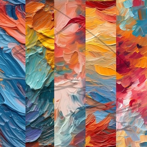 May include: Abstract painting with thick brushstrokes in shades of blue, orange, yellow, and red. The painting is divided into five vertical sections, each with a different color scheme.