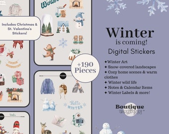 Winter Digital Stickers | Set of +190 Winter Digital Stickers, Journaling, Scrapbook, Mood Board, Digital Books | Seasonal Sticker Set