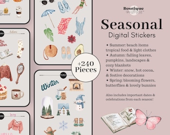 Seasonal Digital Stickers | 241 Four Seasons Digital Stickers, Journaling, Scrapbook, Mood Board, Digital Books | Seasonal Sticker Set