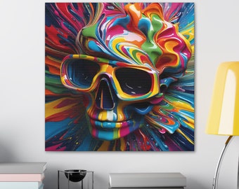 Puede incluir: Una calavera colorida con gafas de sol está cubierta de salpicaduras de pintura vibrantes. La calavera está hecha de un material 3D brillante y tiene un esquema de color arcoíris.