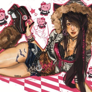Peut inclure: Une femme aux longs cheveux noirs et à la capuche en fourrure porte une veste à imprimé zèbre avec un corset rose et noir. Elle porte un collier noir et argent et un tatouage de chauve-souris noir et blanc sur sa jambe. L'arrière-plan est un motif à carreaux avec des carrés roses et blancs. Il y a plusieurs personnages Hello Kitty roses dans l'image.