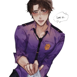 Peut inclure: Une illustration de dessin animé d'un homme aux cheveux bruns portant une chemise violette avec un badge doré et une cravate noire. Il rougit et a une bulle de dialogue au-dessus de sa tête qui dit "Viens..." avec des cœurs autour.